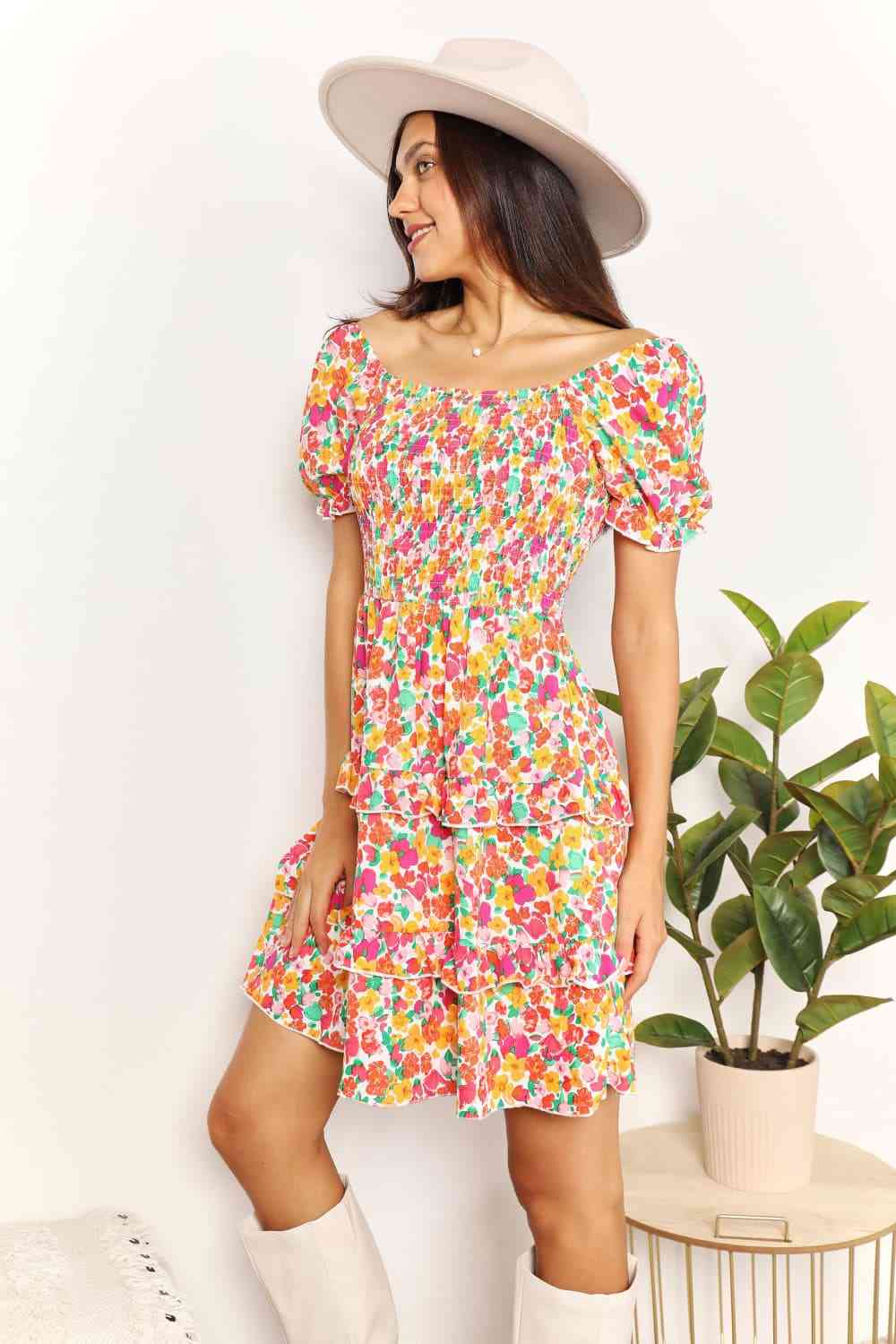 Double Take Smocked Sweetheart Neck Flounce Sleeve Mini Dress Luvéillé