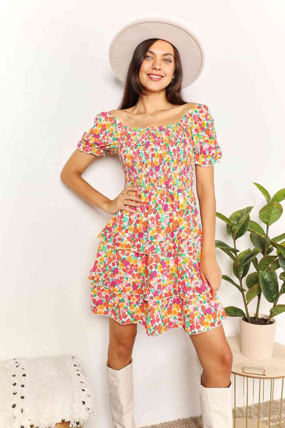 Double Take Smocked Sweetheart Neck Flounce Sleeve Mini Dress Luvéillé