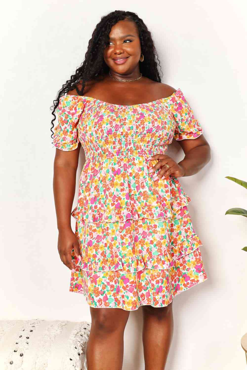 Double Take Smocked Sweetheart Neck Flounce Sleeve Mini Dress Luvéillé