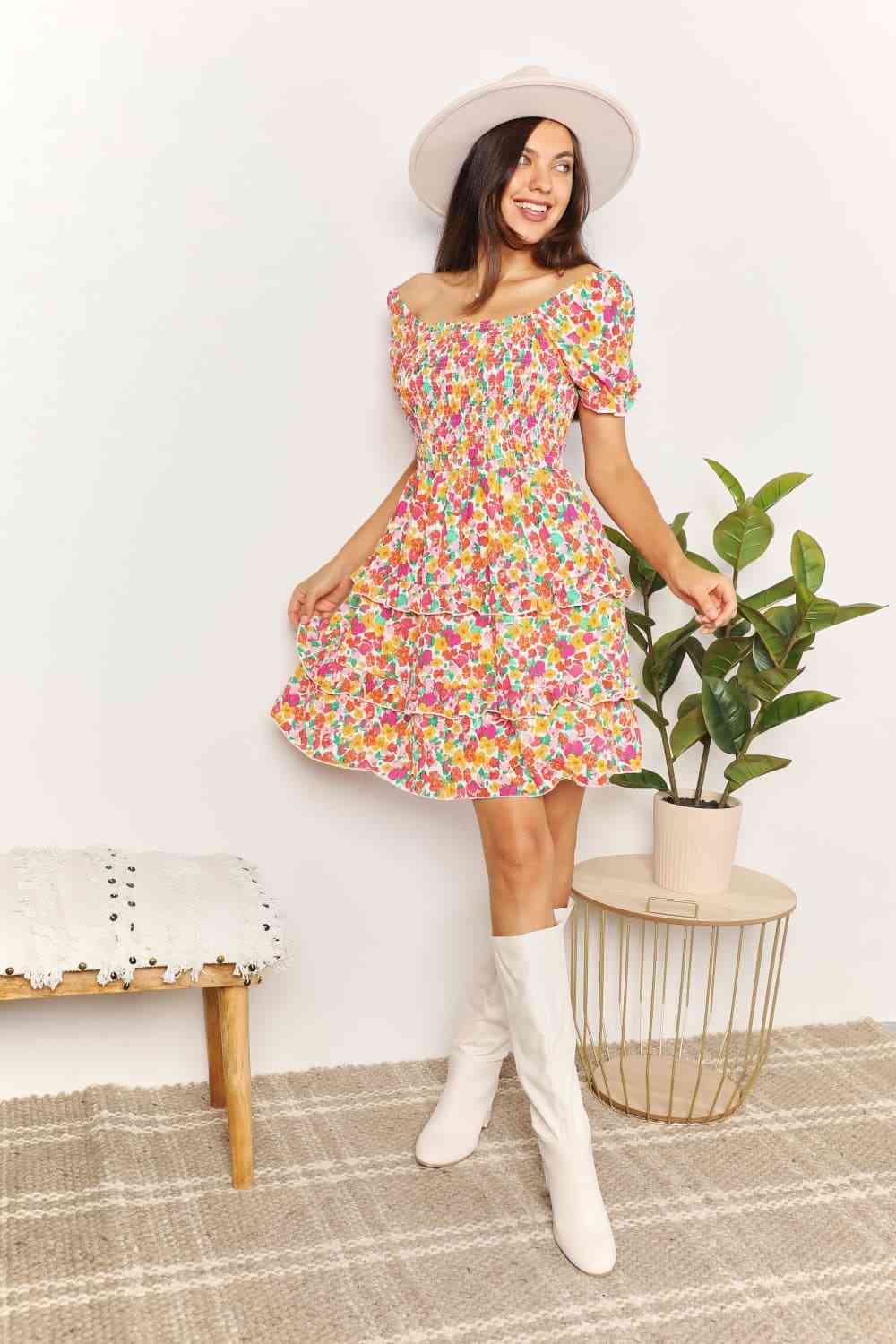 Double Take Smocked Sweetheart Neck Flounce Sleeve Mini Dress Luvéillé