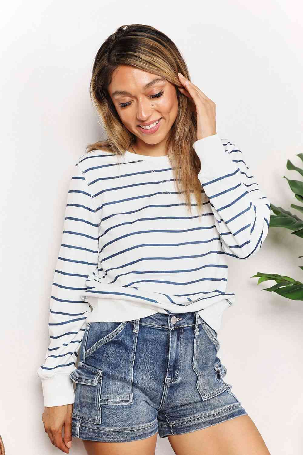 Double Take Striped Long Sleeve Round Neck Top Luvéillé