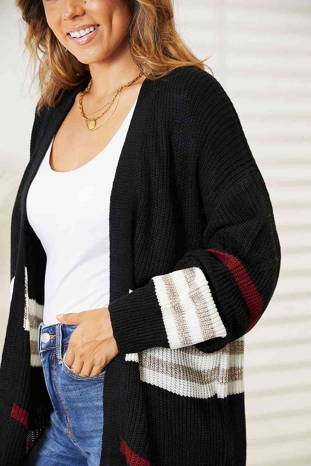 Double Take Striped Rib-Knit Drop Shoulder Open Front Cardigan Luvéillé