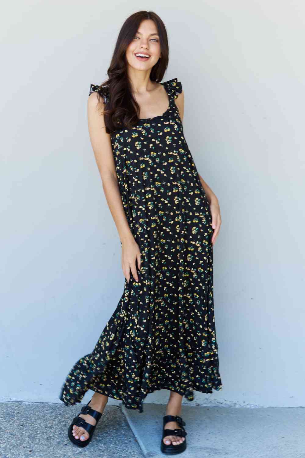 Doublju In The Garden Ruffle Floral Maxi Dress in Black Yellow Floral Luvéillé