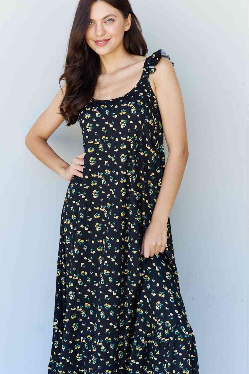 Doublju In The Garden Ruffle Floral Maxi Dress in Black Yellow Floral Luvéillé