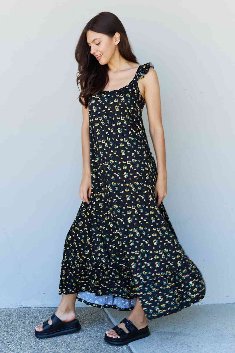Doublju In The Garden Ruffle Floral Maxi Dress in Black Yellow Floral Luvéillé