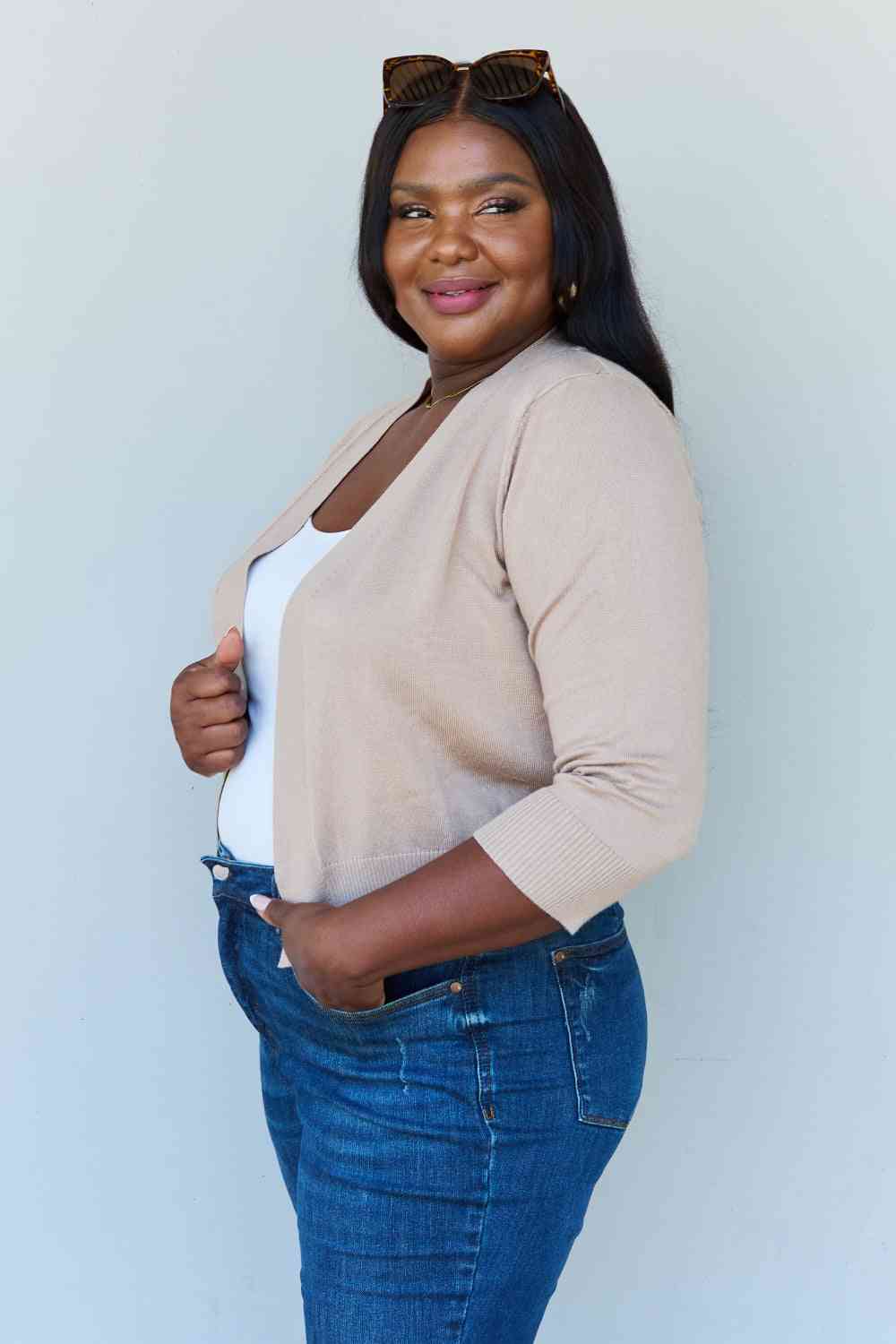 Doublju My Favorite Full Size 3/4 Sleeve Cropped Cardigan in Khaki Luvéillé