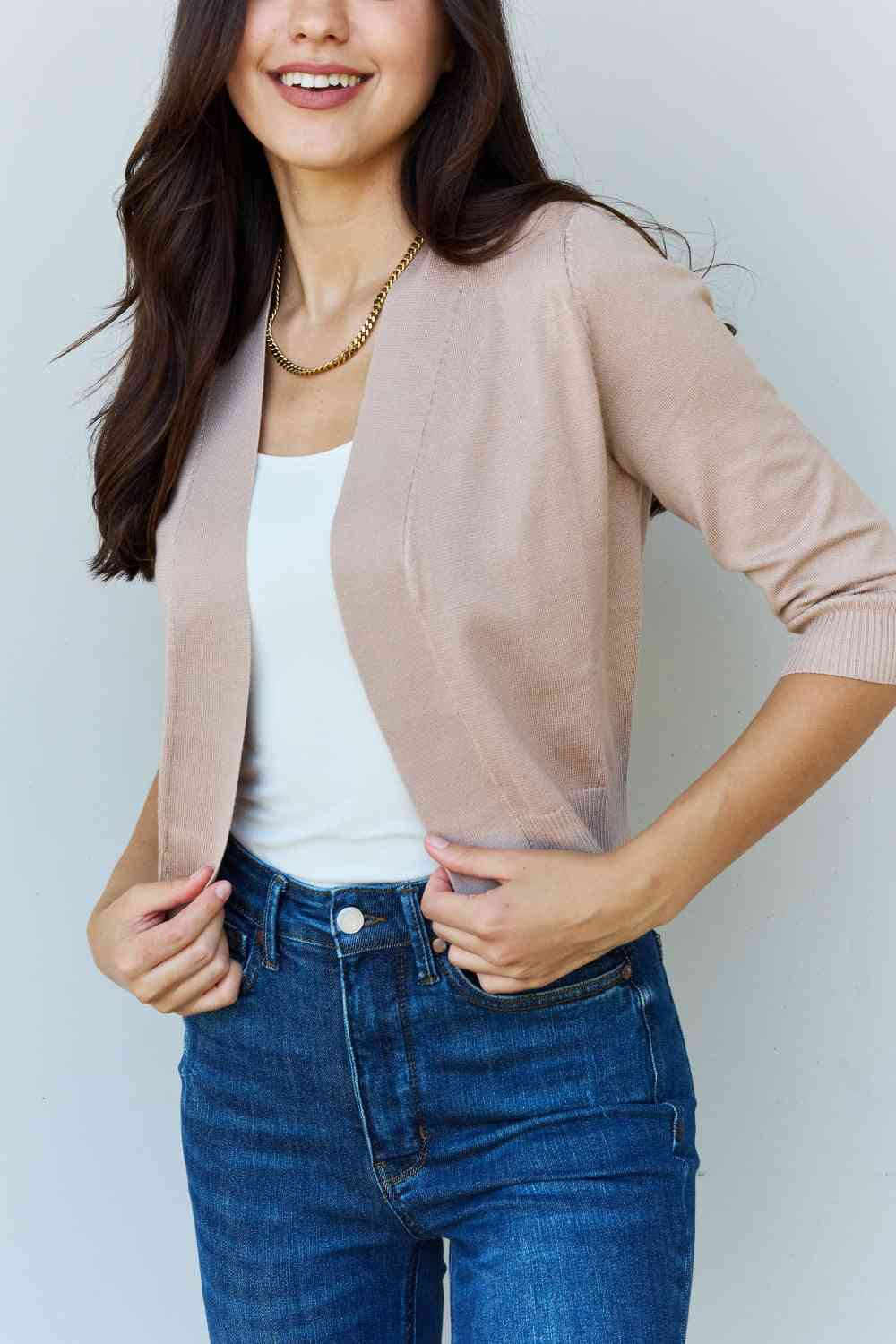 Doublju My Favorite Full Size 3/4 Sleeve Cropped Cardigan in Khaki Luvéillé