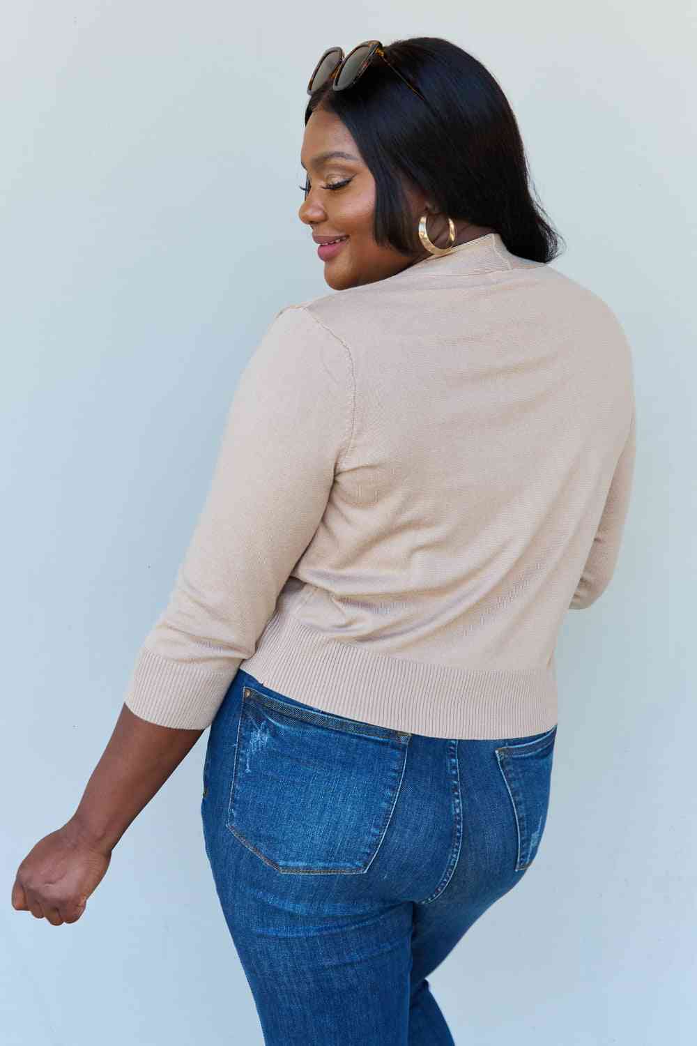 Doublju My Favorite Full Size 3/4 Sleeve Cropped Cardigan in Khaki Luvéillé