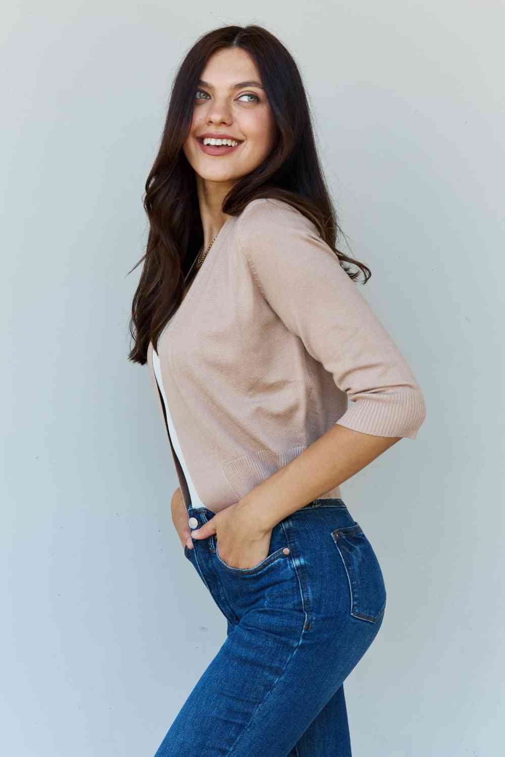 Doublju My Favorite Full Size 3/4 Sleeve Cropped Cardigan in Khaki Luvéillé