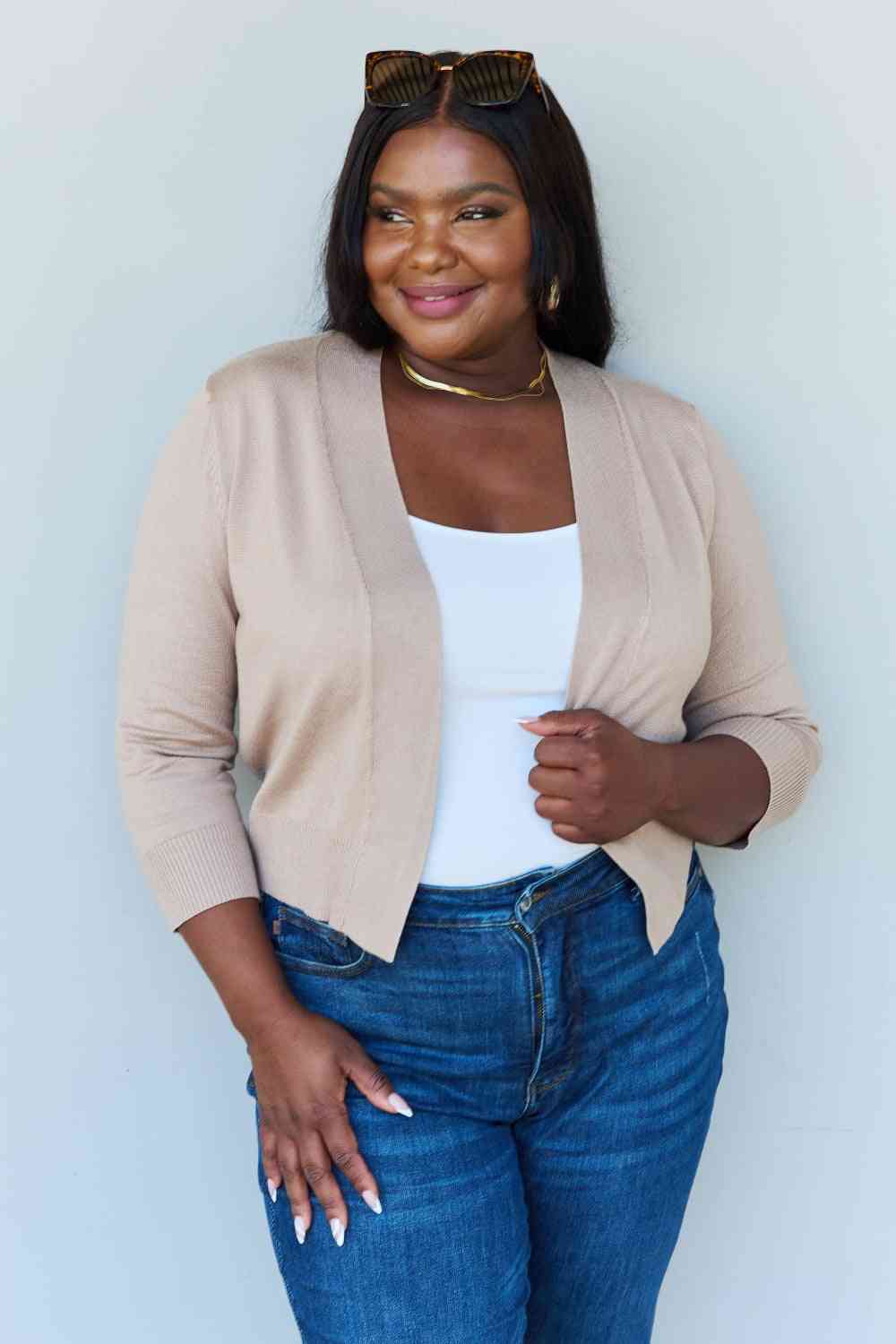 Doublju My Favorite Full Size 3/4 Sleeve Cropped Cardigan in Khaki Luvéillé