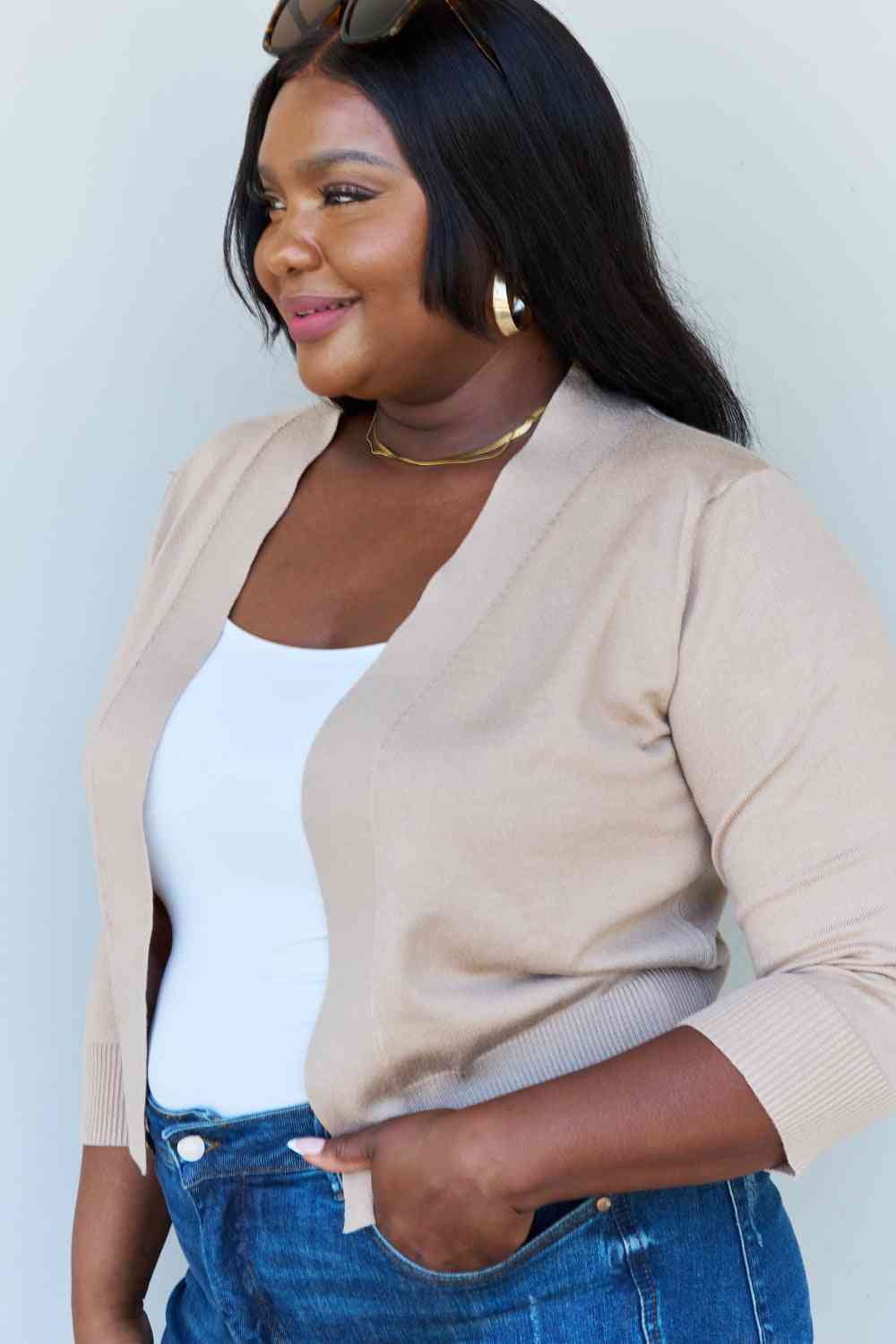 Doublju My Favorite Full Size 3/4 Sleeve Cropped Cardigan in Khaki Luvéillé
