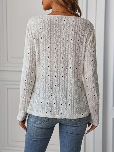 Eyelet Boat Neck Long Sleeve Blouse Luvéillé