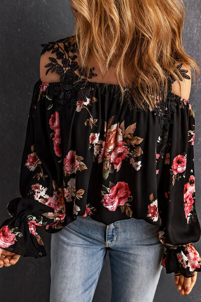 Floral Lace Cold-Shoulder Flounce Sleeve Blouse Luvéillé