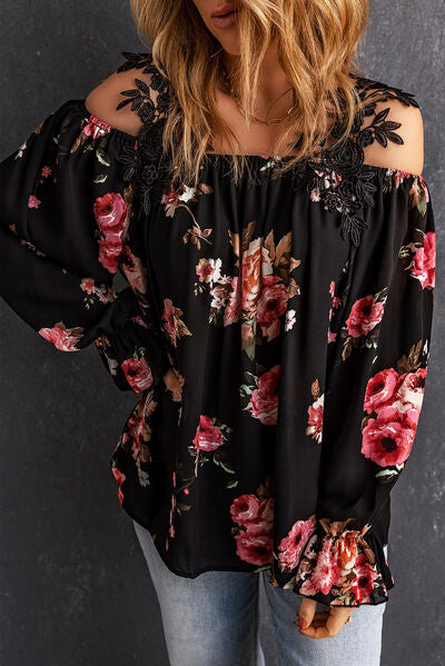 Floral Lace Cold-Shoulder Flounce Sleeve Blouse Luvéillé