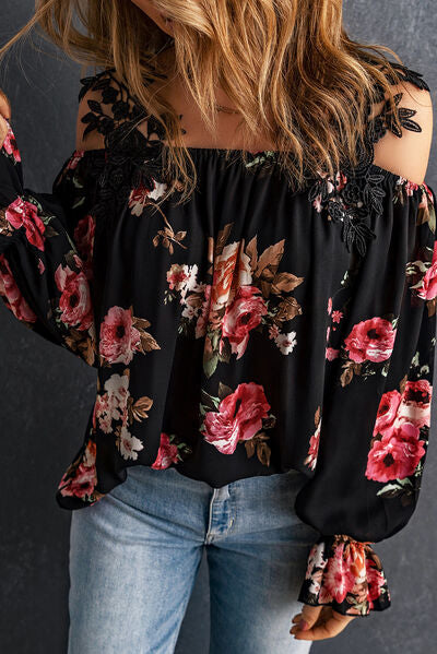 Floral Lace Cold-Shoulder Flounce Sleeve Blouse Luvéillé