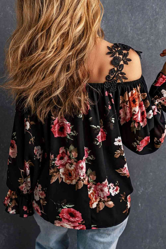 Floral Lace Cold-Shoulder Flounce Sleeve Blouse Luvéillé