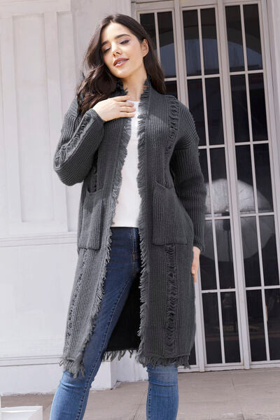 Fringe Trim Open Front Cardigan with Pockets Luvéillé