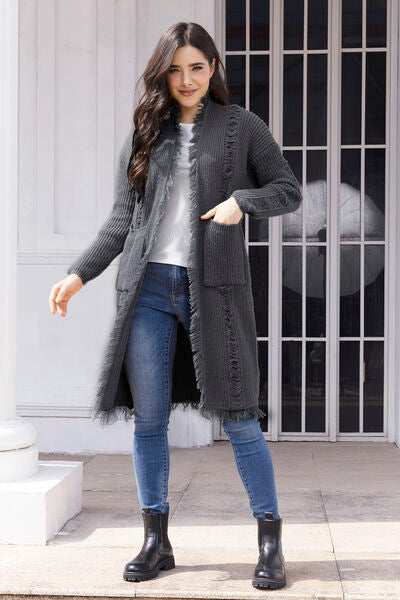Fringe Trim Open Front Cardigan with Pockets Luvéillé