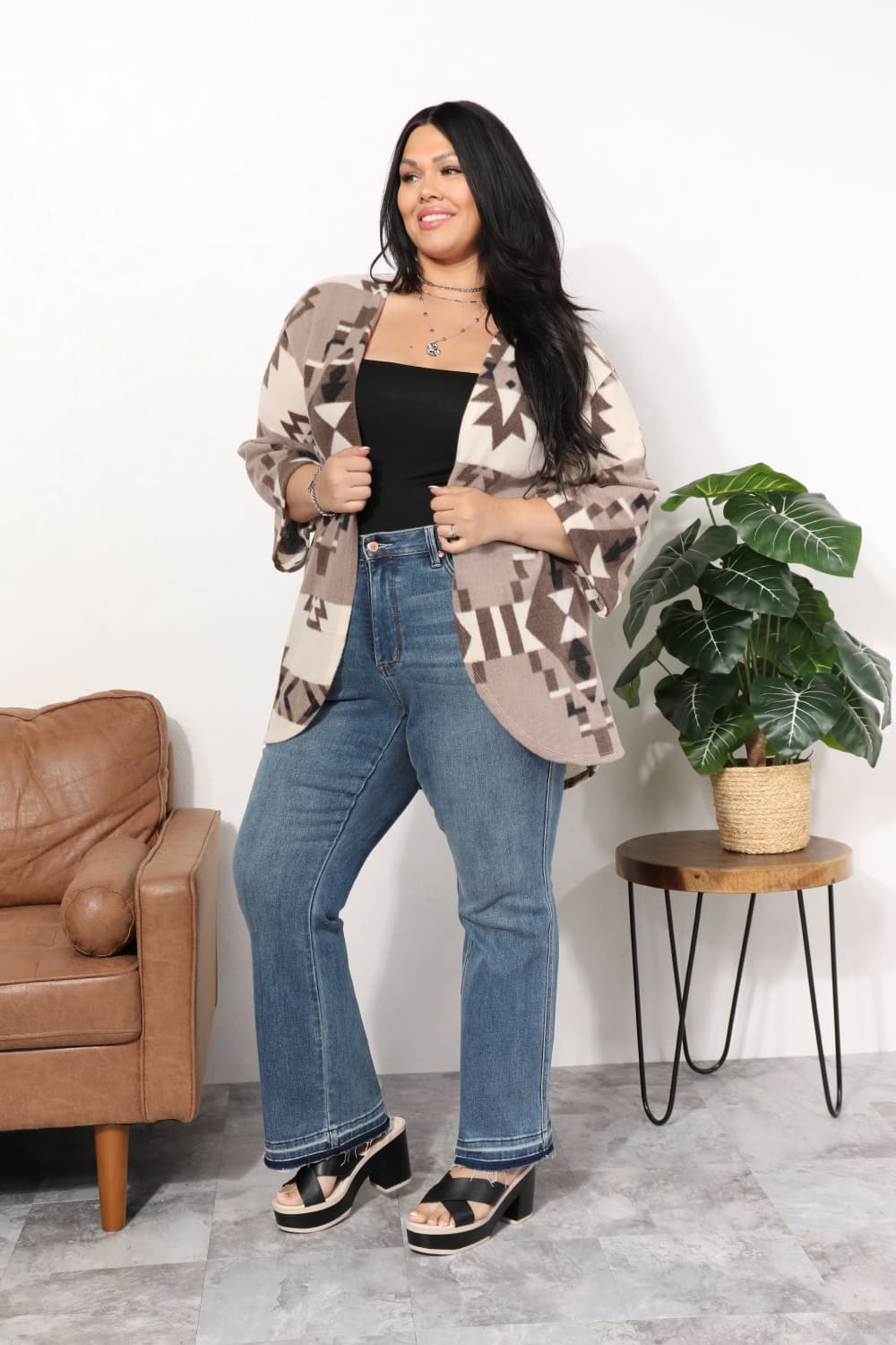 Full Size Cardigan with Aztec Pattern Luvéillé