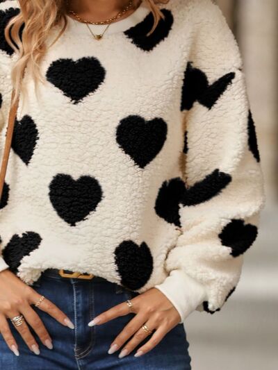 Fuzzy Heart Dropped Shoulder Sweatshirt Luvéillé