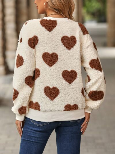 Fuzzy Heart Dropped Shoulder Sweatshirt Luvéillé