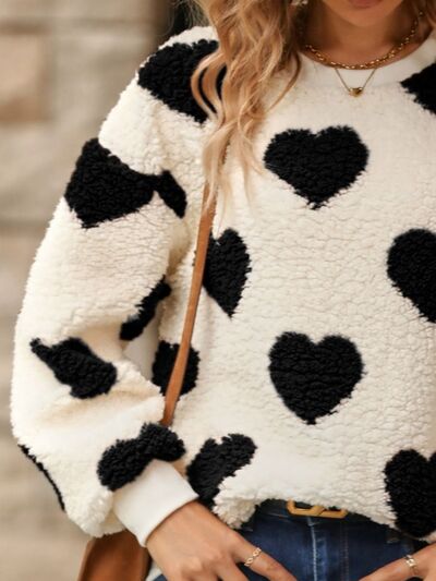 Fuzzy Heart Dropped Shoulder Sweatshirt Luvéillé