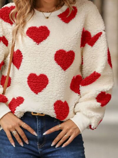 Fuzzy Heart Dropped Shoulder Sweatshirt Luvéillé