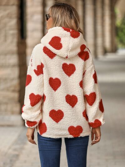 Fuzzy Heart Pocketed Dropped Shoulder Hoodie Luvéillé