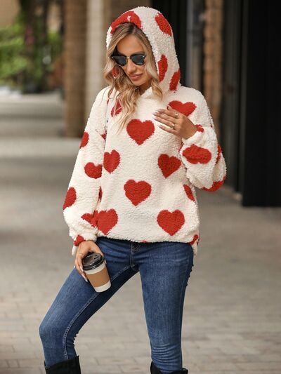 Fuzzy Heart Pocketed Dropped Shoulder Hoodie Luvéillé