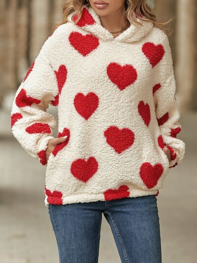 Fuzzy Heart Pocketed Dropped Shoulder Hoodie Luvéillé