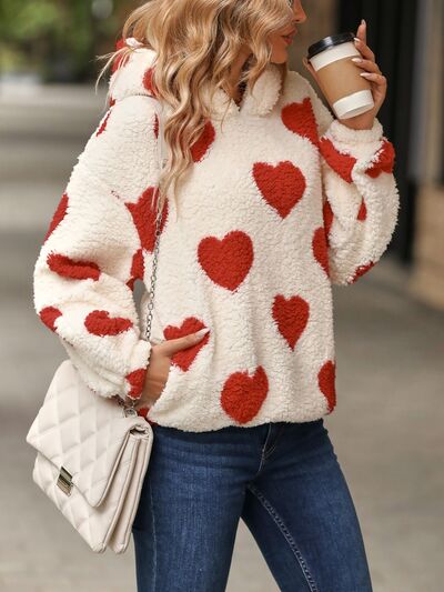 Fuzzy Heart Pocketed Dropped Shoulder Hoodie Luvéillé