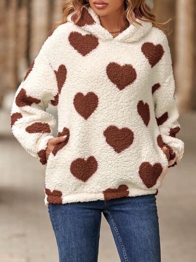 Fuzzy Heart Pocketed Dropped Shoulder Hoodie Luvéillé