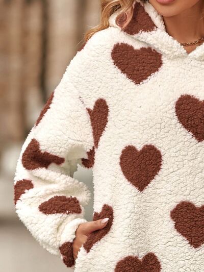 Fuzzy Heart Pocketed Dropped Shoulder Hoodie Luvéillé