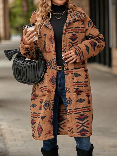 Geometric Pocketed Dropped Shoulder Coat Luvéillé