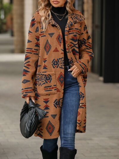 Geometric Pocketed Dropped Shoulder Coat Luvéillé