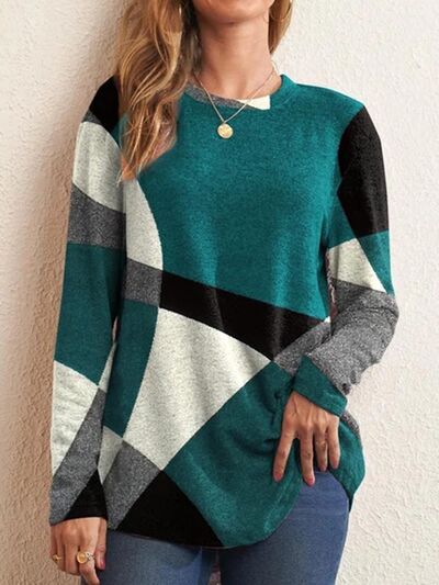 Geometric Round Neck Long Sleeve T-Shirt Luvéillé