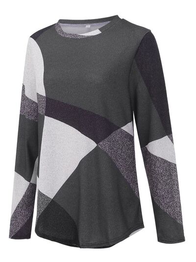 Geometric Round Neck Long Sleeve T-Shirt Luvéillé