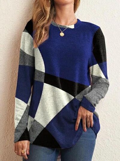 Geometric Round Neck Long Sleeve T-Shirt Luvéillé