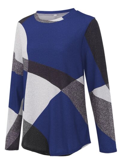 Geometric Round Neck Long Sleeve T-Shirt Luvéillé