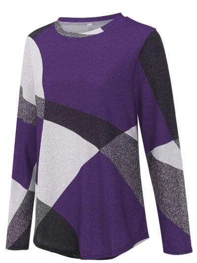 Geometric Round Neck Long Sleeve T-Shirt Luvéillé