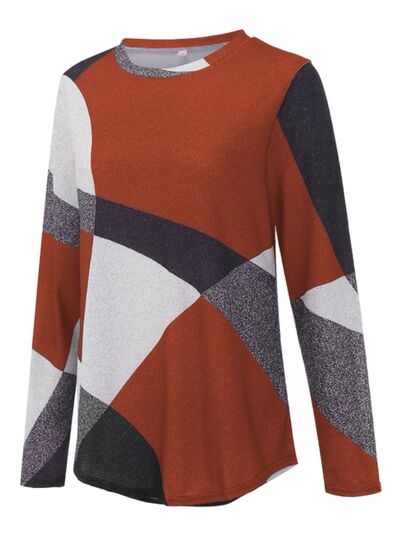 Geometric Round Neck Long Sleeve T-Shirt Luvéillé