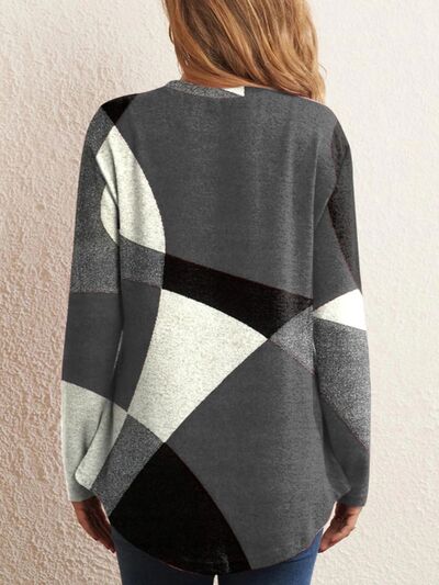 Geometric Round Neck Long Sleeve T-Shirt Luvéillé