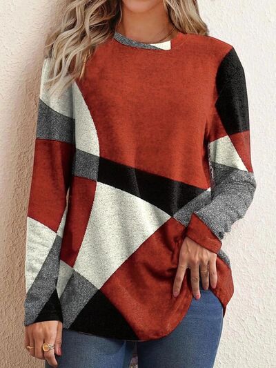 Geometric Round Neck Long Sleeve T-Shirt Luvéillé