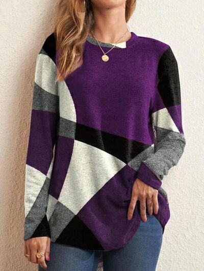 Geometric Round Neck Long Sleeve T-Shirt Luvéillé