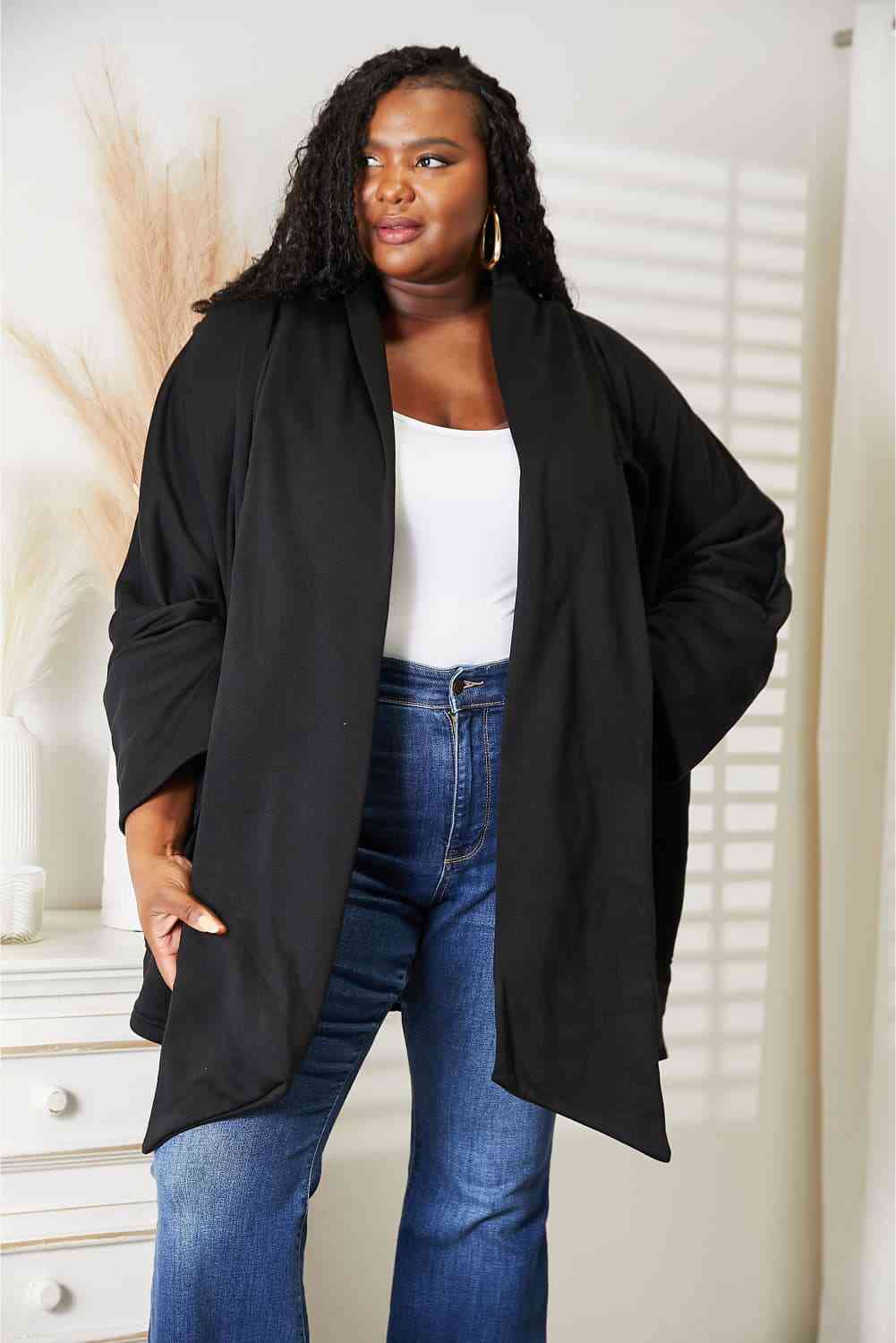 HEYSON Full Size Open Front Cardigan with Scarf Design Luvéillé