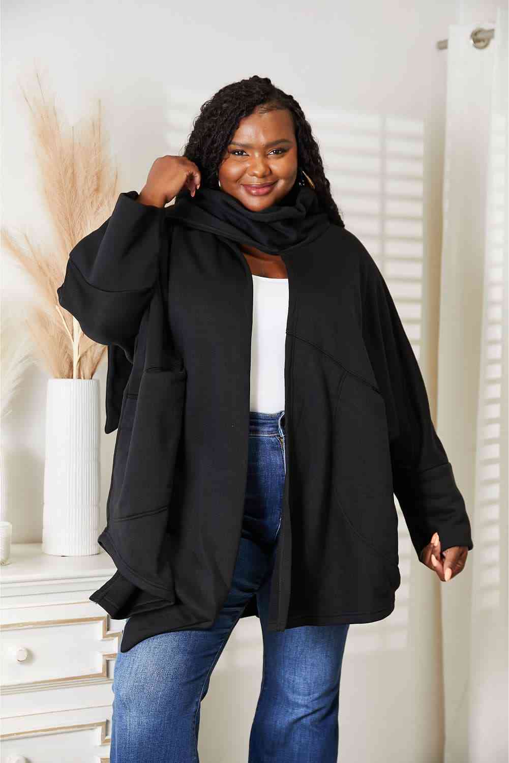 HEYSON Full Size Open Front Cardigan with Scarf Design Luvéillé