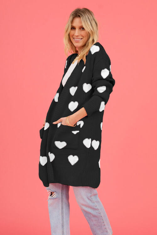 Heart Graphic Open Front Cardigan with Pockets Luvéillé