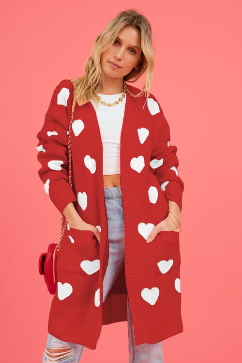 Heart Graphic Open Front Cardigan with Pockets Luvéillé