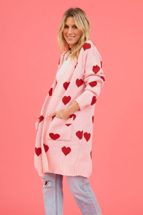 Heart Graphic Open Front Cardigan with Pockets Luvéillé