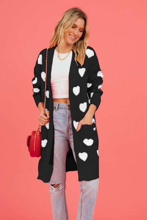 Heart Graphic Open Front Cardigan with Pockets Luvéillé